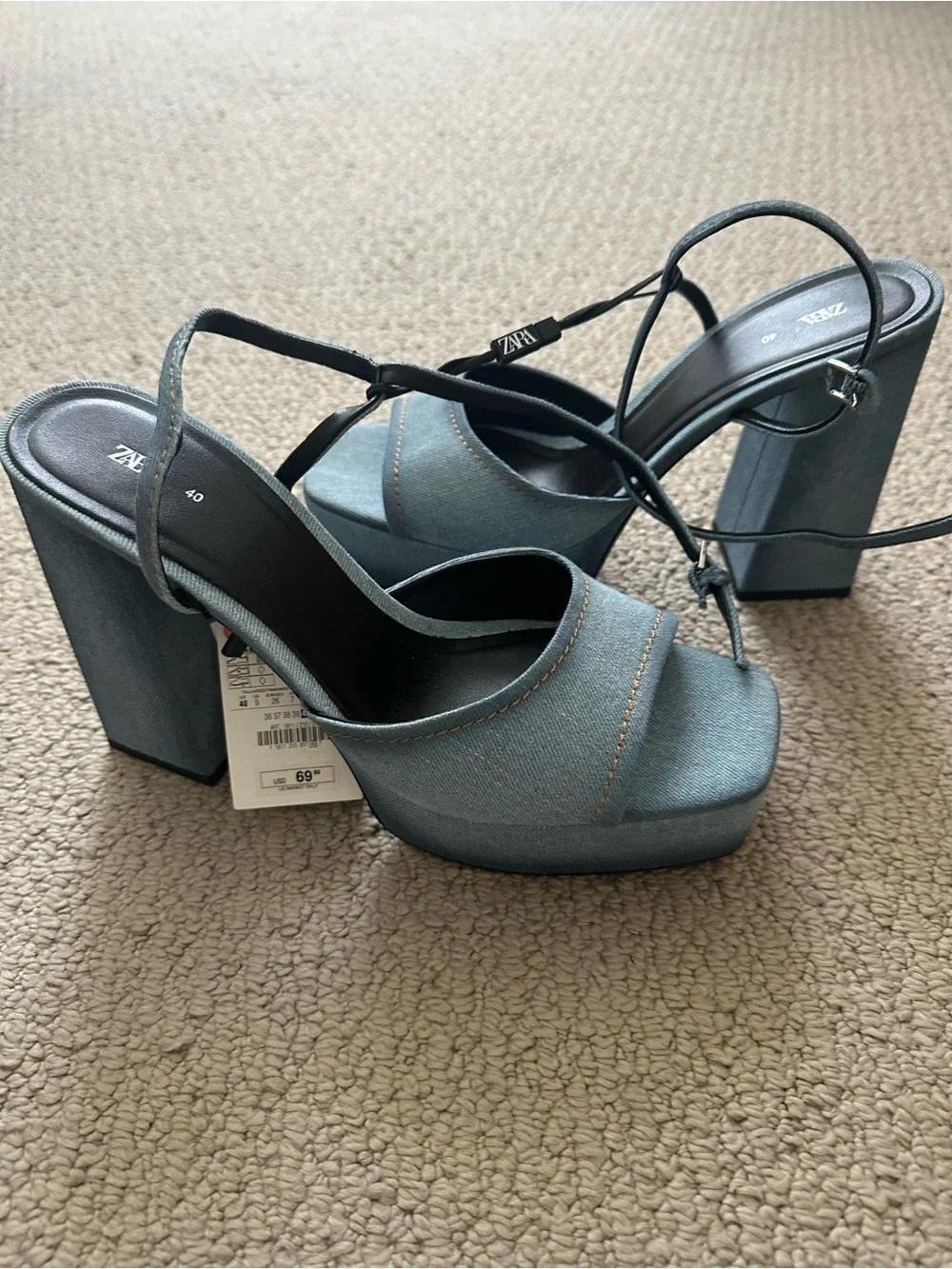 Zara Denim Platform Block Heel Sandal in Light Blue